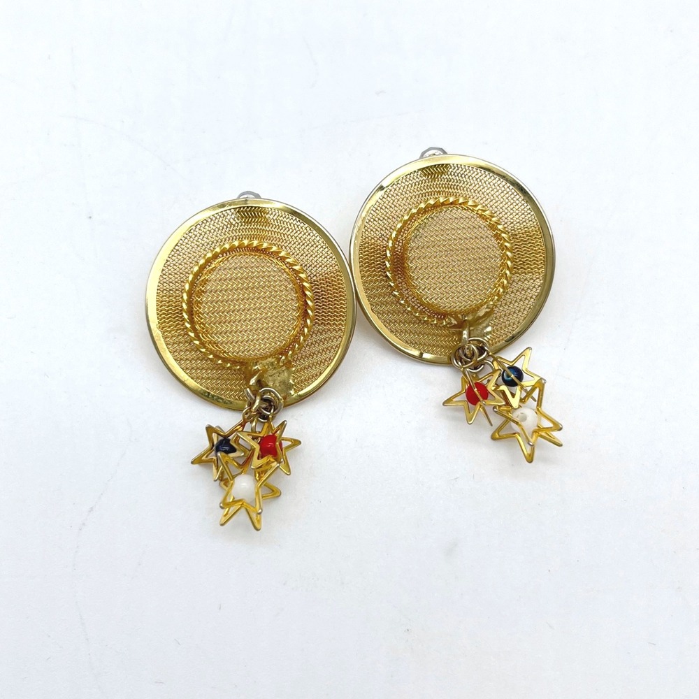 Vintage Gold Tone‎ Hat Earrings with Red, White, Blue Star Dangles - Patriotic